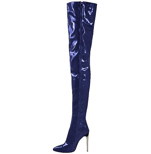 EFLALYHG Damen Leder Overknee Stiefel High Heel Sexy High Boot 2023 Neue Große Größe Stiletto Damen Lange Stiefel,Blau,40 von EFLALYHG