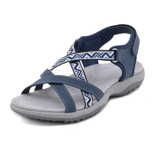 EFLALYHG Damen Outdoor Casual Sandalen Offene Zehe Runde Zehe Hausschuhe mit Arch Support Slope Heel Sport Sandalen Walking Schuhe,Blau,37 von EFLALYHG