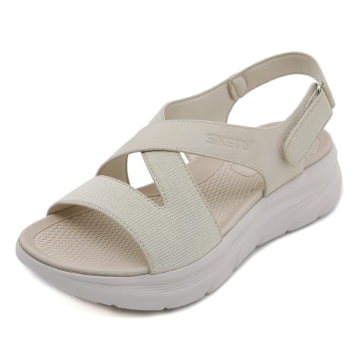 EFLALYHG Damen-Sandalen mit dickem Boden, schrägem Absatz und Fußgewölbeunterstützung, Outdoor-Walking-Hausschuhe, bequeme, atmungsaktive Strand-Watstiefel,Almond,37 von EFLALYHG