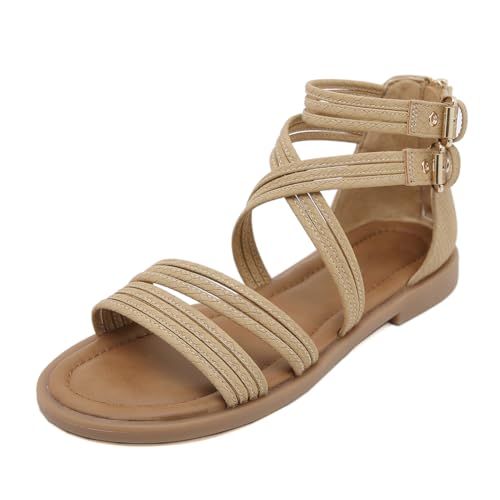 EFLALYHG Damen Sommer Casual Sandalen Klassische Römische Runde Zehe Offene Zehe Hausschuhe mit Reißverschluss Outdoor Strand Wading Walking Schuhe,Camel,36 von EFLALYHG