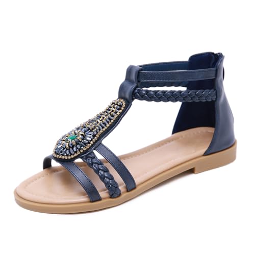 EFLALYHG Damenmode-Sandalen mit Strassverzierungen, Bohemian-Sandalen, niedriger, klobiger Absatz, römische Hausschuhe mit Reißverschluss hinten,Blau,37 von EFLALYHG