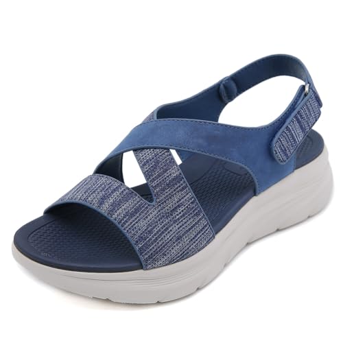 EFLALYHG Frauen-Sport-Sandalen Runde Zehe Offene Zehe Klotzige Sandalen Bequem Atmungsaktiv Bogen Unterstützung Outdoor Casual Hausschuhe,Blau,36 von EFLALYHG