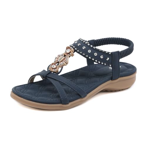 EFLALYHG Lässige, flache Sandalen für Damen mit Fußgewölbeunterstützung, Boho-Sandalen mit glitzernden Strasssteinen, runde Zehenpartie, offene Zehenpartie, Wathosen für den Strand,Blau,42 von EFLALYHG