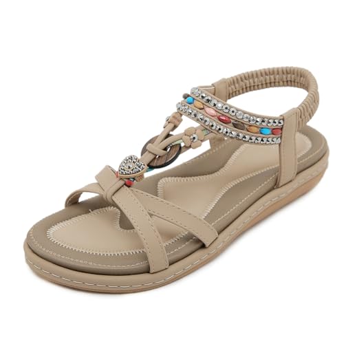 EFLALYHG Lässige flache Sandalen für Damen mit Edelsteindekoration, Bohemian-Sandalen, Outdoor, Strand, modische Hausschuhe,Almond,36 von EFLALYHG