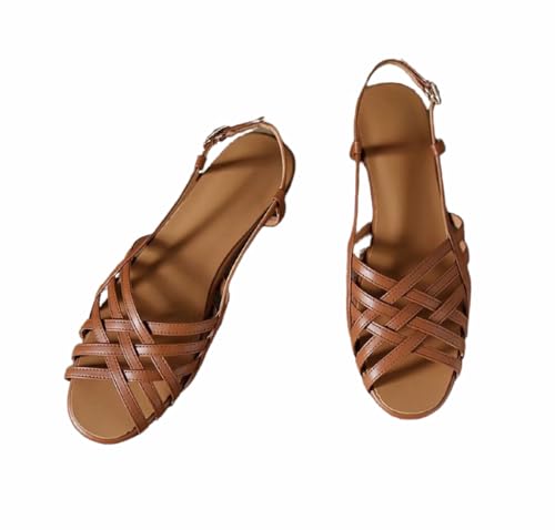 EFLALYHG Modische flache Sandalen für Damen, runde Zehenpartie, offene Zehenpartie, römische Hausschuhe mit Knöchelschnalle, lässige Wathose für den Außenbereich,Light brown,36 von EFLALYHG