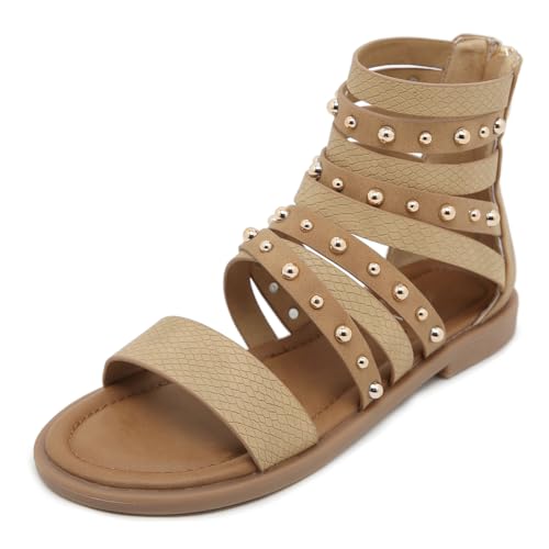 EFLALYHG Modische römische Sandalen für Damen mit metallverzierten Gladiator-Hausschuhen, offener Zehenbereich, lässige, flache Wanderschuhe, Strand-Watstiefel,Camel,36 von EFLALYHG