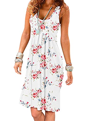 EFOFEI Damen Alltägliche Hauskleidung Atmungsaktiv Strand Kleider Einfaches Bequemes Kleid Faltenrock Lässige Strandkleid weiße Rose XL von EFOFEI