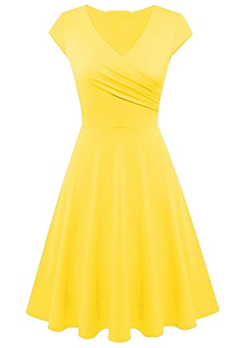 EFOFEI Damen Kurzarm Midikleid Swing V-Ausschnitt Kleid Elegantes Freizeit Kleid Gelb S von EFOFEI