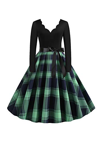 EFOFEI Damen Petticoat Lange Ärmel Ballkleid Weihnachten Druck Partykleid Dot Einfarbig Rockabilly Kleid Blau 3XL von EFOFEI