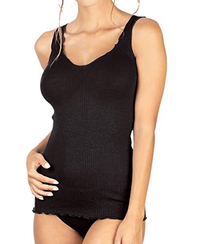 EGI Damen-Tanktop mit Rippstrick, 85 % Wolle und 15 % Seide mit Plissé-Rand (S/M, Schwarz), Schwarz , S-M von EGI