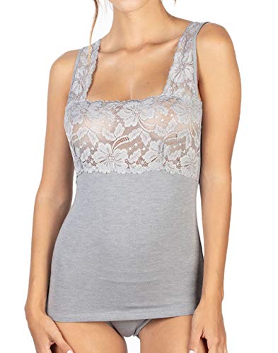 EGI Damen-Tanktop mit Schultern aus Baumwolle, Modal mit Spitzenband am Brust, Unterziehjacke, Grau X-Large von EGI