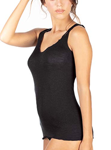 EGI Damen-Tanktop mit Spitzenrand aus 85 % Wolle und 15 % Seide, gerippt, Schwarz S-M von EGI