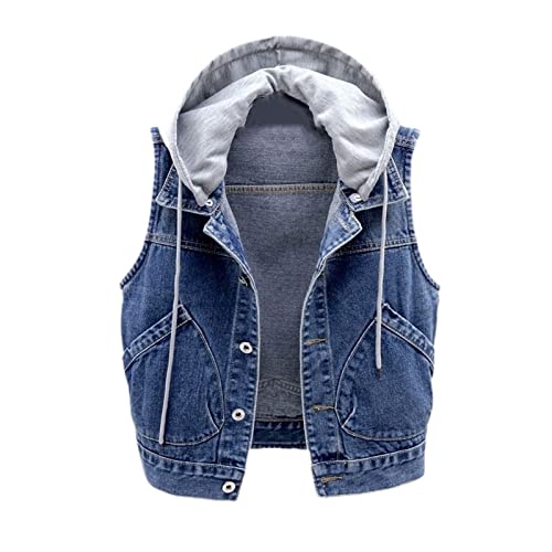 EGSDMNVSQ Damen Frühling Hooded Jeansweste mit Knöpfen Jacke Ärmellos Revers Einfache Beiläufige Kurz Jeansjacke Denim Weste Vest Mit Knopfleiste Tasche Kapuzen Outwear von EGSDMNVSQ