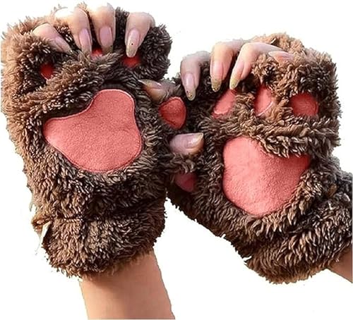 EHOTER Fingerlose Handschuhe Damen Katzenpfoten Nette Halbe Handschuhe Warme Winterhandschuhe Krallen Plüsch Fingerhandschuhe Weich Fahrradhandschuhe Cosplay Geschenk (Dunkelbraun,Einheitsgröße) von EHOTER