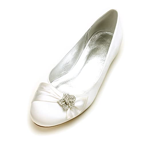 Damen Brautschuhe Flach für Hochzeit Geschlossene Zehen Brautschuhe Pumps Elegant Braut Hochzeit Schuhe Flache Hochzeitsschuhe,Elfenbein,37 EU von EICOFF