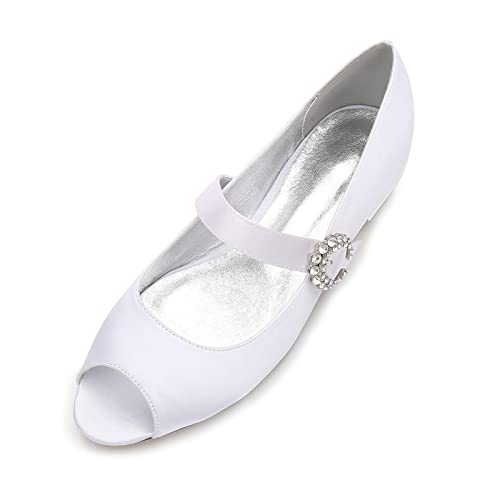 Damen Brautschuhe Offener Zeh Fashion Pumps mit Blockabsatz Satin Hochzeitsschuhe Frauen Slingback Hochzeit Schuhe für Braut,Weiß,36 EU von EICOFF