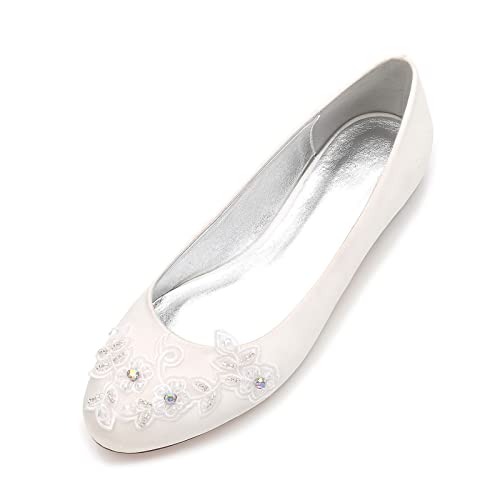 Damen Hochzeitsschuhe Geschlossene Zehe Brautschuhe Satin Hochzeitsschuhe für Frauen Klassische Hochzeit Schuhe Flache Hochzeit Brautschuhe,Elfenbein,38 EU von EICOFF