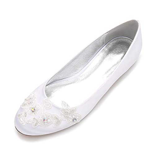 Damen Hochzeitsschuhe Geschlossene Zehe Brautschuhe Satin Hochzeitsschuhe für Frauen Klassische Hochzeit Schuhe Flache Hochzeit Brautschuhe,Weiß,39 EU von EICOFF