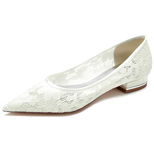 Damen Pumps Geschlossener Spitze Brautschuhe Flach Niedriger Absatz Hochzeitsschuhe,Elfenbein,42 EU von EICOFF