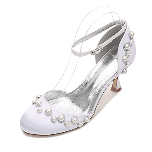 Damen Pumps Runde Zehen Kitten Heels Brautschuhe Satin Knöchelriemen Hochzeitsschuhe for Frauen Partei Büro Abendschuhe,Weiß,36 EU von EICOFF