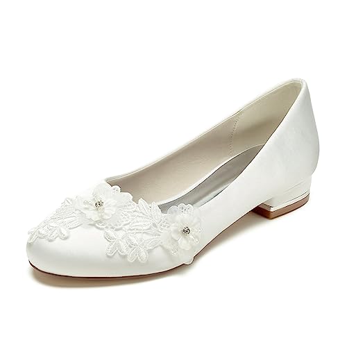 EICOFF Brautschuhe Ivory, Hochzeitsschuhe Damen Flach, Flache Schuhe Zum Kleid, Flache Schuhe für Damen Elegant Geschlossene Ballerinas Flach,Elfenbein,38 EU von EICOFF