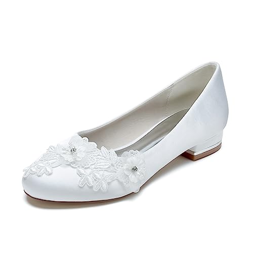 EICOFF Brautschuhe Ivory, Hochzeitsschuhe Damen Flach, Flache Schuhe Zum Kleid, Flache Schuhe für Damen Elegant Geschlossene Ballerinas Flach,Weiß,39 EU von EICOFF