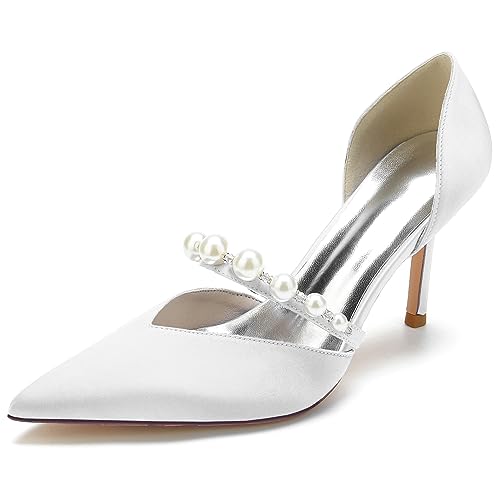 EICOFF Brautschuhe Perle Satin Hochzeitsschuhe Damen Closed Toe Absatzschuhe,Weiß,38 EU von EICOFF