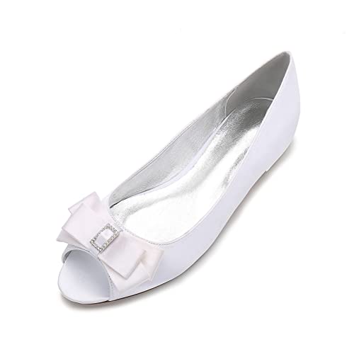 EICOFF Damen Brautschuhe Flache Satin Hochzeitsschuhe Damen Offene Zehen Braut Hochzeit Schuhe mit Absatz Frauen Sandalen,Weiß,36 EU von EICOFF