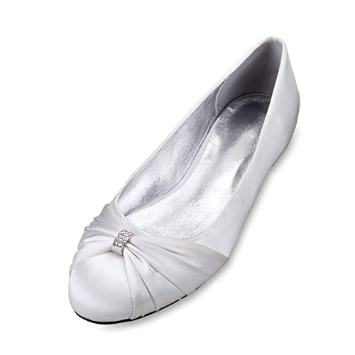 EICOFF Damen Brautschuhe Geschlossene Zehen Flache Schuhe Hochzeits Satin Hochzeitsschuhe Braut Niedrige Absatz Hochzeit Schuhe,Weiß,38 EU von EICOFF