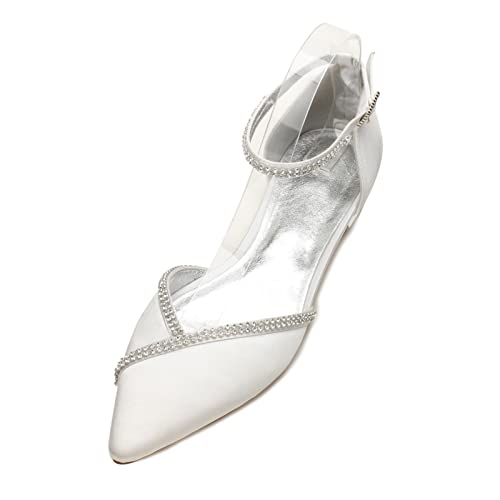 EICOFF Damen Geschlossene Zehe Niedriger Absatz Satin Knöchelriemen Hochzeitsschuhe für Braut Elegante Strass Hochzeit Party Schuhe,Elfenbein,41 EU von EICOFF