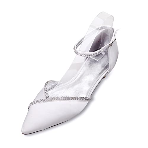 EICOFF Damen Geschlossene Zehe Niedriger Absatz Satin Knöchelriemen Hochzeitsschuhe für Braut Elegante Strass Hochzeit Party Schuhe,Weiß,36 EU von EICOFF