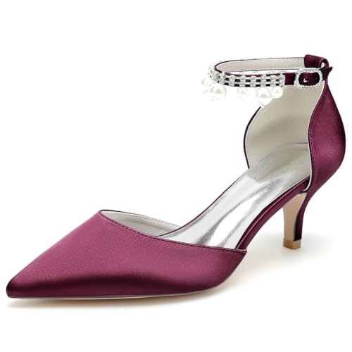 EICOFF Damen Kitten Heel Pumps Pointed Toe Mid Low Heels Bridal Wedding Shoes Satin Ankle Strap Court Shoes with Pearl Party Dress Sandals,Burgundy,43 EU EICOFF Damen Kitten Heel Pumps Pointed Toe Mid Low Heels Bridal Wedding Shoes Satin Ankle Strap Court Shoes with Pearl Party Dress Sandals,Burgundy,43 EU von EICOFF
