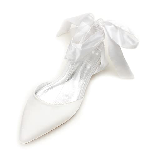 EICOFF Damen Satin Hochzeit Schuhe Geschlossene Bequem Riemchen Braut Brautschuhe Flach Hochzeit Klassische Blockabsatz Schuhe,Elfenbein,41 EU von EICOFF