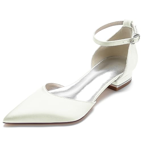 Flach Brautschuhe Damen Elegant Pumps mit Riemchen Pointed Closed Toe Hochzeitsschuhe,Elfenbein,38 EU von EICOFF