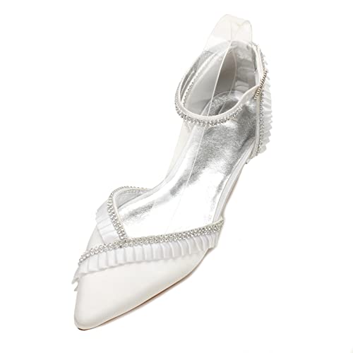 Hochzeitsschuhe Braut Geschlossene Zehe Satin Hochzeitsschuhe Flache Knöchelriemen Frauen Hochzeit Brautschuhe,Elfenbein,36 EU von EICOFF