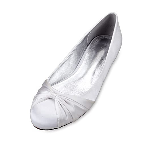 Hochzeitsschuhe Flache Damen Geschlossene Zehen Frauen Flache Hochzeitsschuhe Slip On Brautschuhe Satin Hochzeit Brautschuhe,Weiß,37 EU von EICOFF