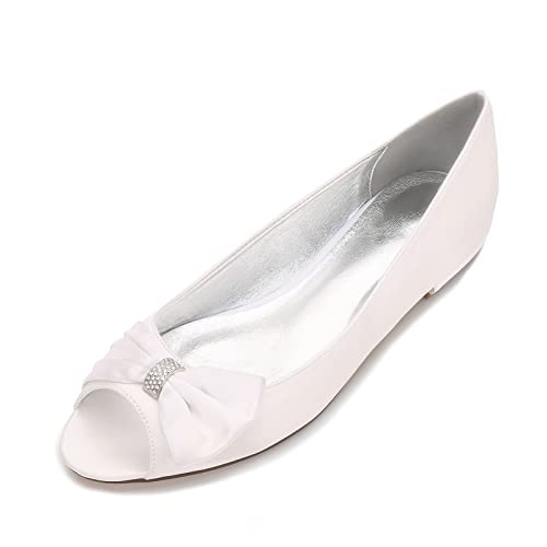 Hochzeitsschuhe Flache Damen Offener Zeh Brautschuhe Flach Satin Party Brautschuhe Niedriger Absatz Damen Fashion Pumps Hochzeit Brautschuhe,Elfenbein,40 EU von EICOFF