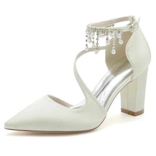 Pumps Damen Satin Strap Hochzeitsschuhe Brautschuhe Blockabsatz,Elfenbein,39 EU von EICOFF