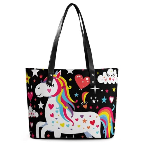 EJFICAHG Handtaschen Für Frauen Süßes Einhorn Bunte Sterne Wolkenmuster Leder Tote Bag Satchel Bags Für Mädchen EJFICAHG Handtaschen Für Frauen Süßes Einhorn Bunte Sterne Wolkenmuster Leder Tote Bag Satchel Bags Für Mädchen von EJFICAHG