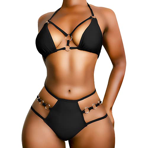 EJsoyo Damen Sexy Tanga Bikini Badeanzüge String Push Up Gepolsterter Badeanzug 2 Stück Freche Bademode mit Metallring, schwarz, X-Large von EJsoyo