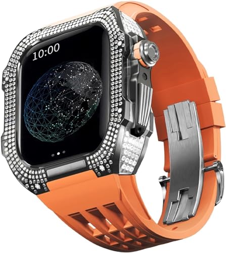 EKINS Luxuriöses Titan-Metall-Uhrengehäuse + Fluoridkautschuk-Uhrenarmband-Modifikationsset, für Apple Watch Serie 8, 7, 6, 4, SE, 5, 44 mm, 45 mm, Metallgehäuse, Gummiband-Ersatz (Farbe: Farbe 11, von EKINS