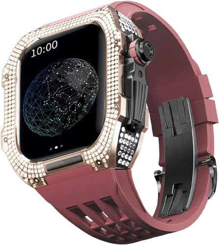 EKINS Luxuriöses Titan-Metall-Uhrengehäuse + Fluoridkautschuk-Uhrenarmband-Modifikationsset, für Apple Watch Serie 8, 7, 6, 4, SE, 5, 44 mm, 45 mm, Metallgehäuse, Gummiband-Ersatz (Farbe: Farbe 32, von EKINS