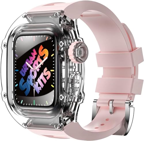 EKINS Transparentes Fiberglas-Uhrengehäuse, Fluorkautschuk-Band, Mod-Kit, für Apple Watch Serie 9, 8, 7, 6, 5, 4, SE, 44 mm, 45 mm, Uhrengehäuse, sportliches atmungsaktives Armband, Ersatzzubehör, von EKINS