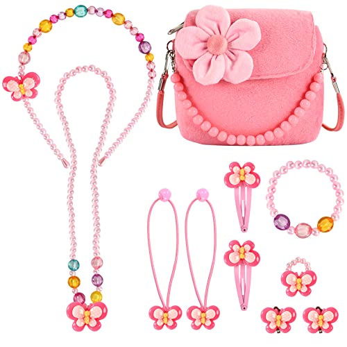 EKKONG Kinderschmuck Kleine Mädchen, Plüsch Handtasche für Mädchen, Schmuckset Kinder mit Haarspangen Halskette Armband Ring Ohrring Haarreif Haargummi, Modeschmuck Party Favors Geschenk von EKKONG