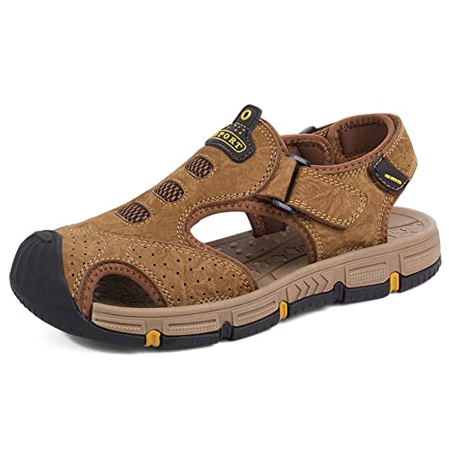 EKsma Herren-Sandalen aus Leder mit geschlossenem Zehenbereich, atmungsaktiv, weich, Sport, Outdoor-Sandalen, Sommer-Herren-Strandschuhe, Trekking, Wandern, Wandern(Color:Khaki,Size:EU 37) von EKsma