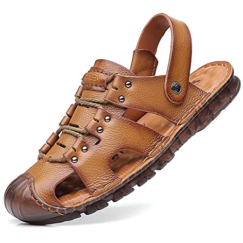 Herren-Ledersandale mit geschlossenem Zehenbereich, verstellbare Fischer-Wassersandalen for den Sommer im Freien, lässige Wandersandalen (Color : Khaki, Size : EU 37) von EKsma