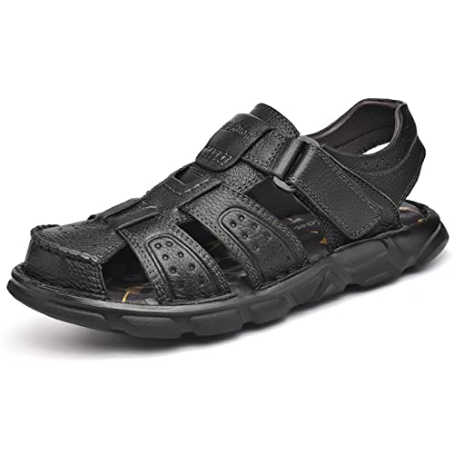 Herren-Ledersandalen, Sommer-Herren-Strandschuhe, geschlossene Zehenschuhe, lässige Trekking-Walking-Wandersandalen (Color : Black, Size : EU 47) von EKsma