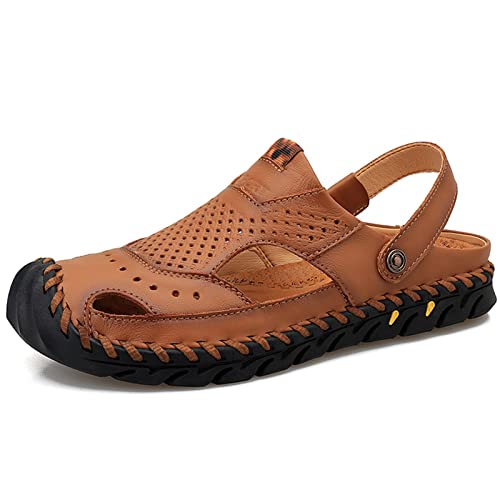 Herren-Sandalen, lässige Ledersandalen for Herren, geschlossene Zehen-Outdoor-Fischer-Wanderschuhe, leichte Sommer-Wasserschuhe (Color : Brown, Size : EU 37) von EKsma