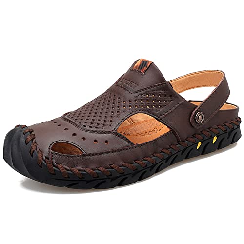 Herren-Sandalen, lässige Ledersandalen for Herren, geschlossene Zehen-Outdoor-Fischer-Wanderschuhe, leichte Sommer-Wasserschuhe (Color : Dark Brown, Size : EU 37) von EKsma