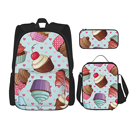 ELBULL Grüner Hintergrund Panda-Druck Teenager Rucksack mit Lunchbox und Federmäppchen-Set Schulbüchertaschen Mädchen Jungen, Cupcake-Muster, Einheitsgröße von ELBULL
